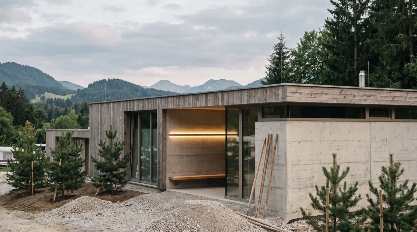 Neues Gebäude aus Holz und Beton zwischen jungen Kiefern, im Hintergrund Berge