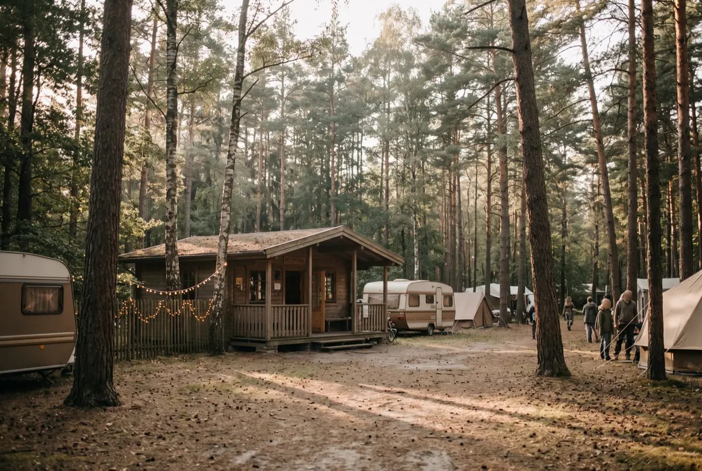 Rezeptionshütte mit Lichterkette im Kiefernwald, daneben Wohnwagen und Gäste im Gegenlicht