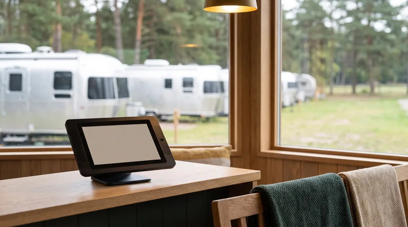 Tablet auf einem Holztresen, draußen vor dem Fenster Airstream-Wohnwagen im Kiefernwald